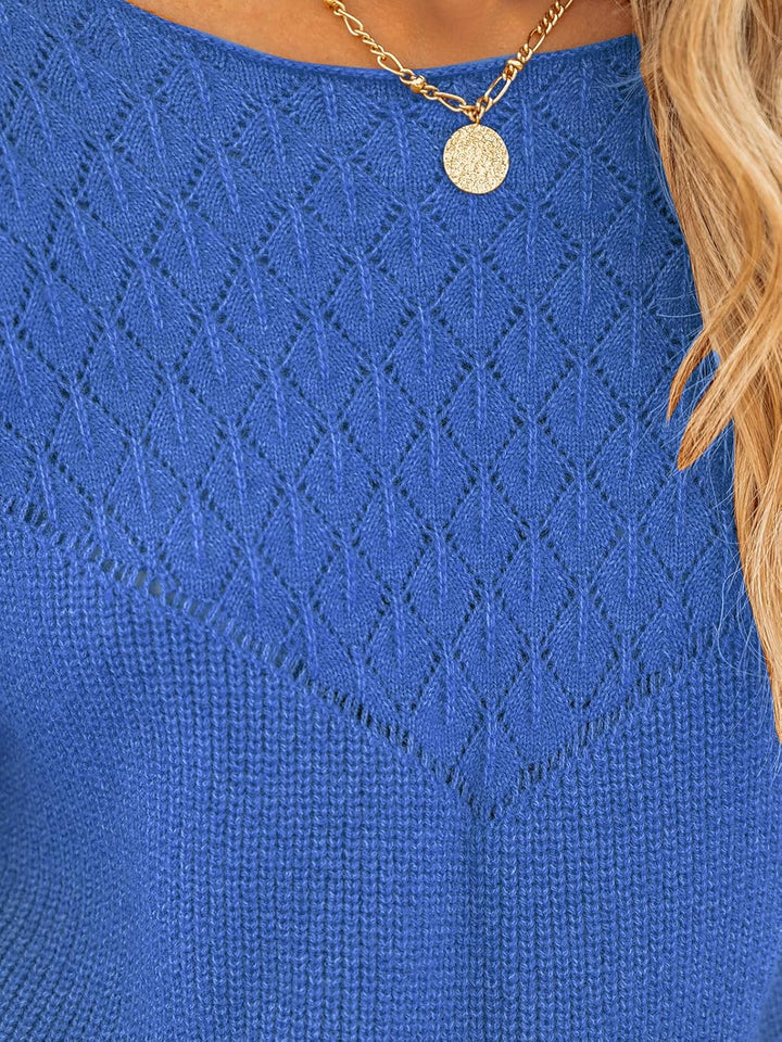 CUPSHE Damen Strickpullover Rundhals Langarm Rautenmuster Feinstrick Pulli Oberteile Tops Lässig Kni