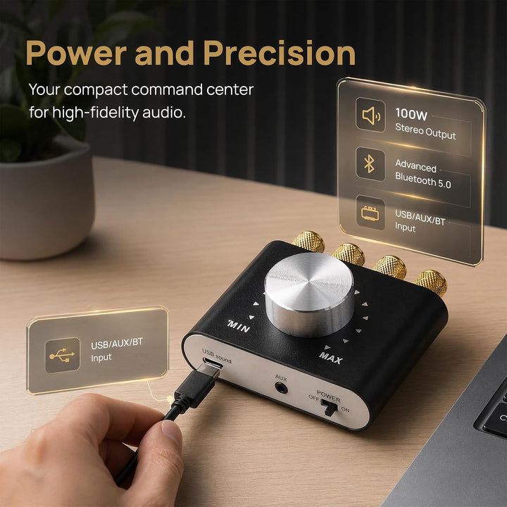 100W Mini Verstärker Bluetooth, Digital Power Amplifier HiFi Stereo Verstärker mit Netzteil, DC 12V-