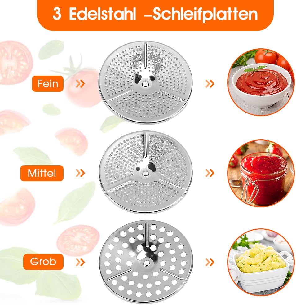 Edelstahl-Lebensmittelmühle, Kartoffelpresse mit 3 Austauschbaren Zerkleinerungsplatten, Manuelle Le