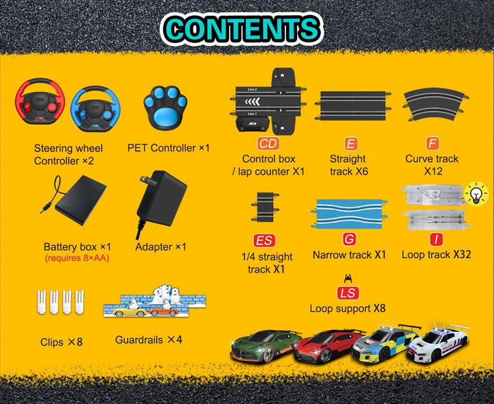 AGM MASTECH 18,7 Fuss Slot Car Rennbahn Set, 4 offiziell lizenzierte Lichtspielzeugautos, Lenkrad- u