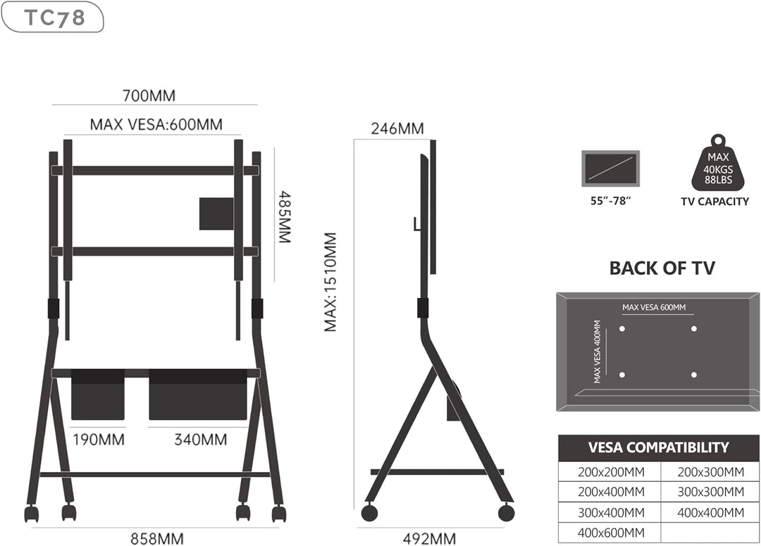 FITUEYES Design Mobiler TV Ständer Rollbar, TV Stand für 55 60 65 70 75 78 Zoll TV bis 45kg, Höhenve