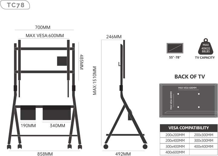 FITUEYES Design Mobiler TV Ständer Rollbar, TV Stand für 55 60 65 70 75 78 Zoll TV bis 45kg, Höhenve