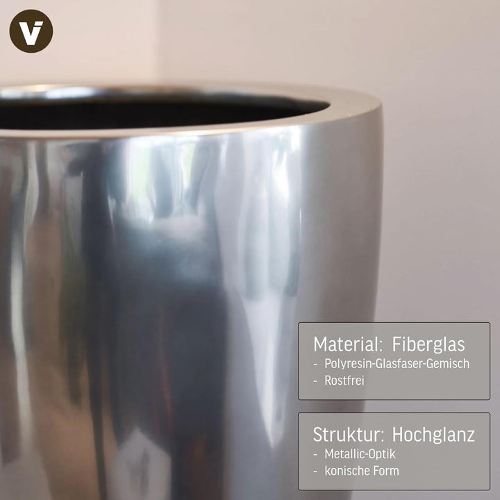 VIVANNO Pflanzkübel Pflanzgefäss Blumenkübel Fiberglas Silber Metallic OPALA (44x32) 44x32 cm Silber