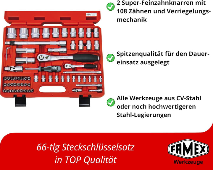 FAMEX 420-18 Alu Werkzeugkoffer gefüllt mit Top Werkzeug Set und Steckschlüsselsatz - Werkzeugkasten