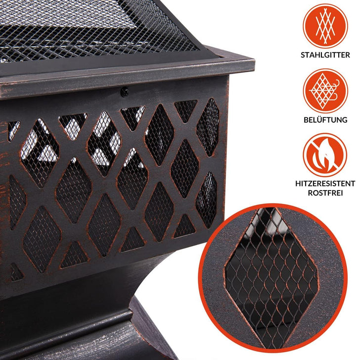 Gardebruk® Feuerschale mit Funkenschutz Sechseckig Stahl Modern Rost-Optik Garten Terrasse Feuerstel