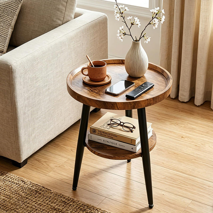 Beistelltisch Rund Holz | Runder Beistelltische Wohnzimmer | Couchtisch Klein mit Unterem Ablage | S