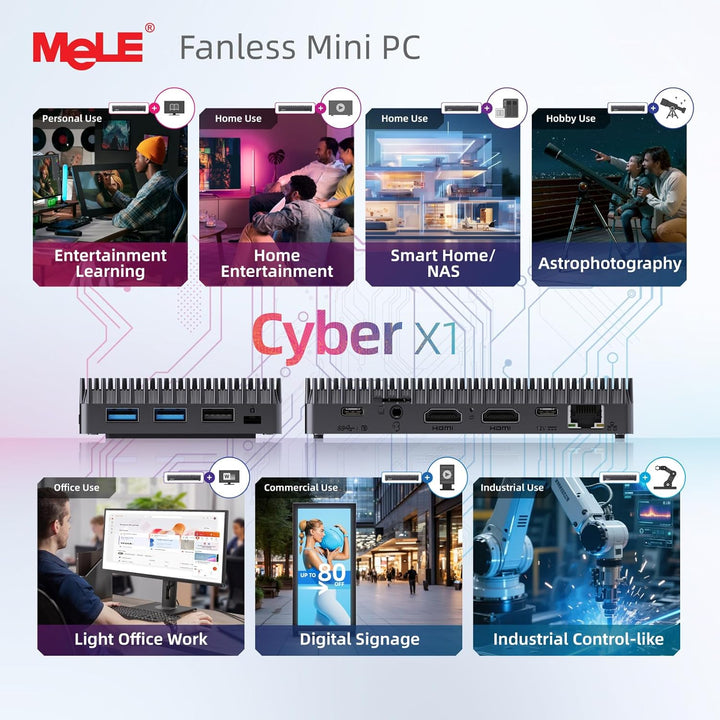 MeLE Cyber X1 Mini PC N150 (bis zu 3,6GHz, 4C/4T) 32GB LPDDR5 512GB Speicher Win 11 Pro Lüfterloser