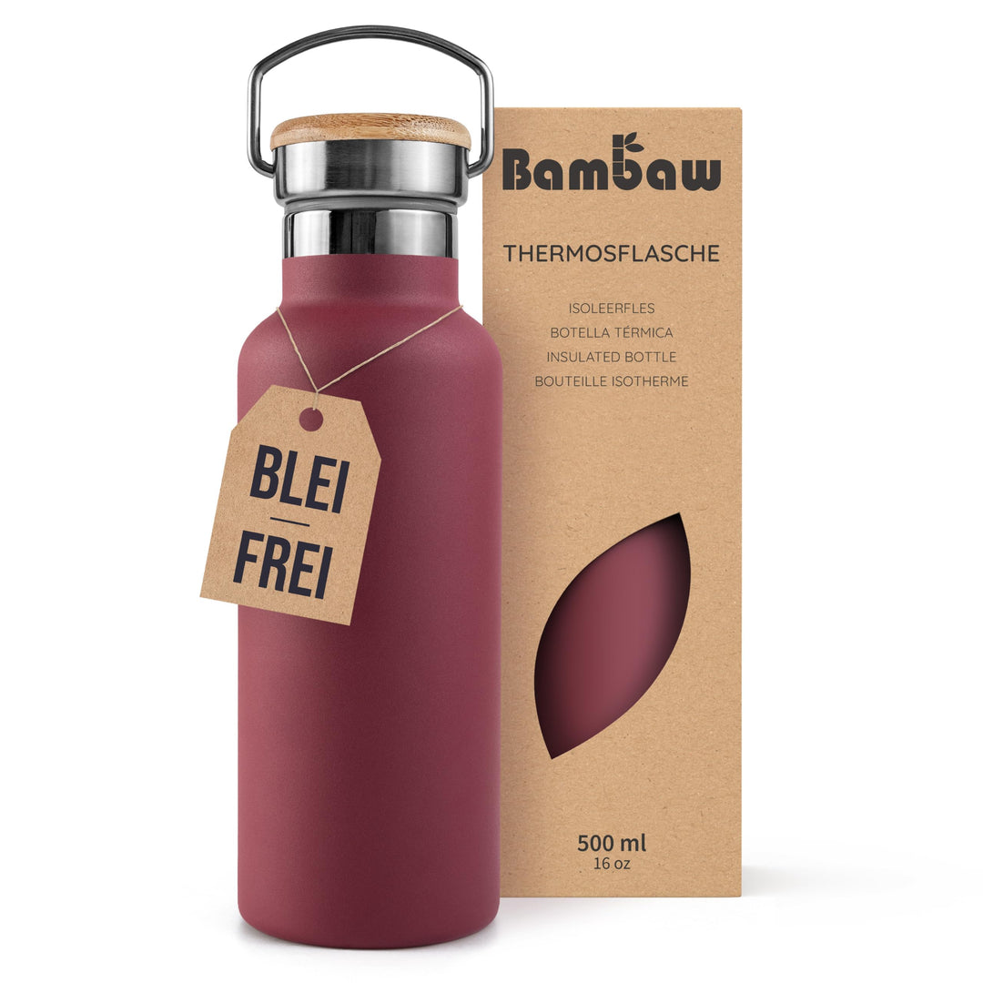 Bambaw Thermosflasche 500ml, Trinkflasche Rot, Edelstahl Trinkflasche, Flasche 500ml, Fahrrad Thermo