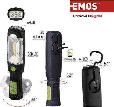 EMOS COB LED Arbeitsleuchte/Werkstattlampe mit Magnet und Haken, 40 Stunden Leuchtdauer, Lichtstrom