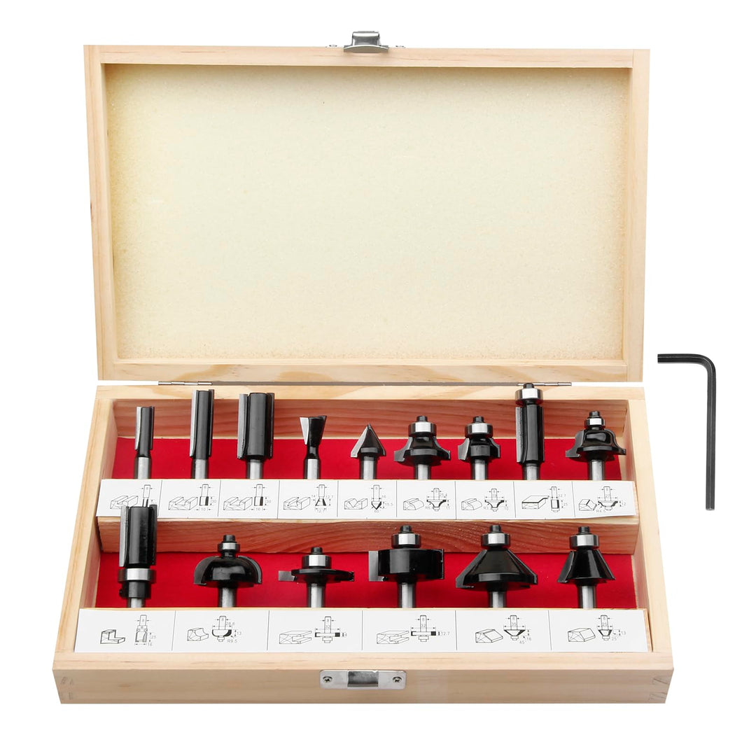 Pro 15tlg. Fräser Set für Holz - Hartmetall Fräsersatz, Zubehör Oberfräsen mit 8mm Schaft, in Robust