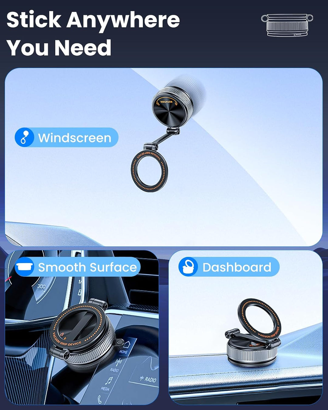 handyhalterung auto magnet, 360° drehbar &amp; klappbar, Schwarz Hellschwarz, Hellschwarz