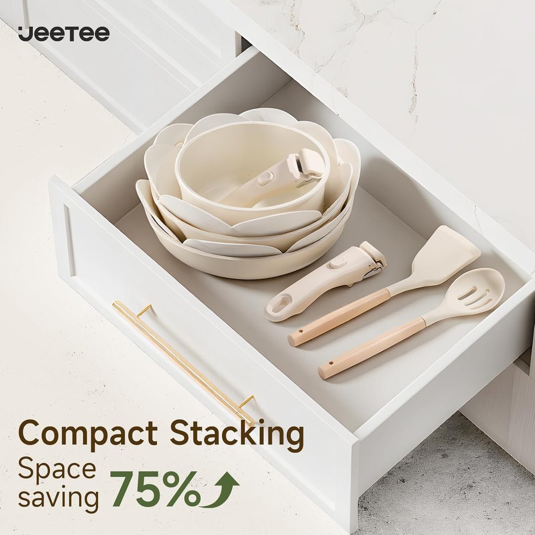 JEETEE Topfset Pfannenset mit abnehmbarem Griff 19-Teilig, Antihaft Topfset Induktion mit Lid, Stape
