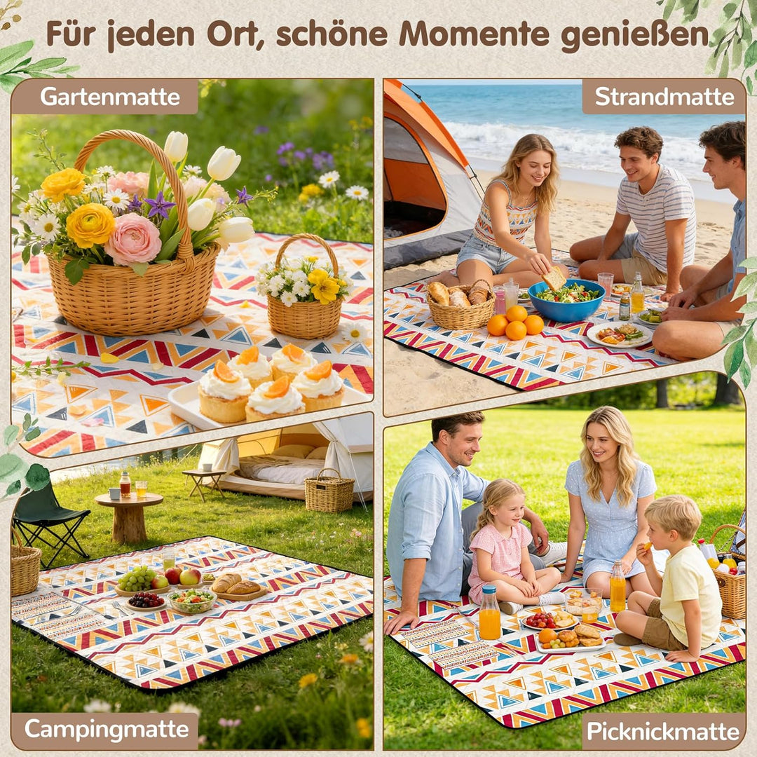 Ulikey Picknickdecke, 200 x 200 cm Stranddecke Sandfrei, Boho Picknickdecke Wasserdicht Isoliert, Tr
