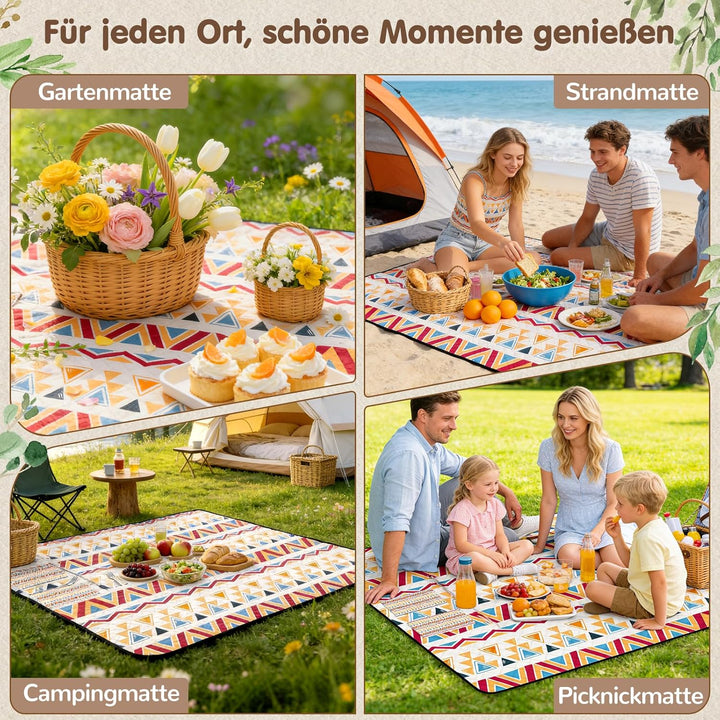 Ulikey Picknickdecke, 200 x 200 cm Stranddecke Sandfrei, Boho Picknickdecke Wasserdicht Isoliert, Tr