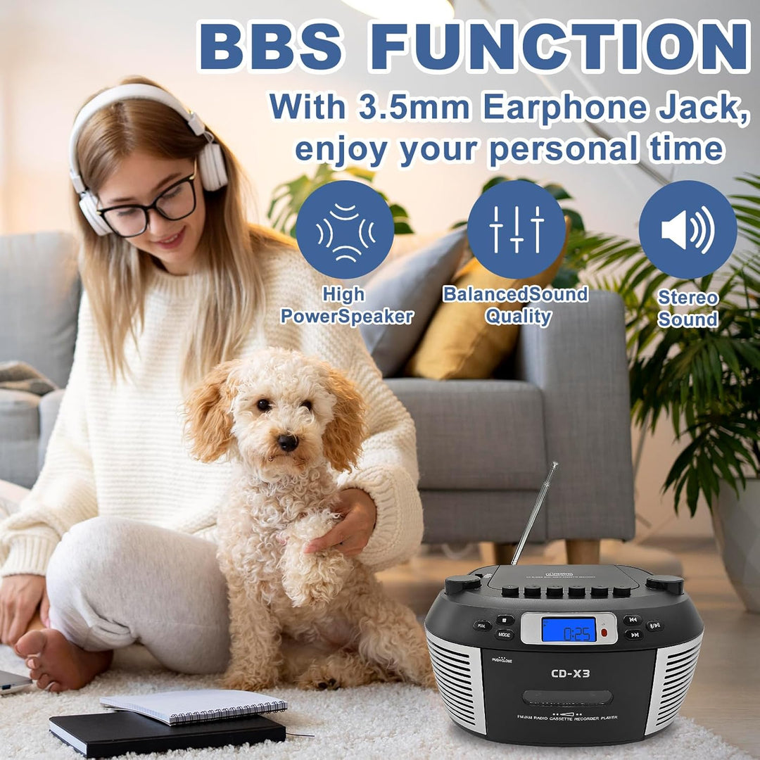 Tragbarer CD- & Kassettenplayer mit Fernbedienung – Inklusive FM/AM-Radio, USB-Wiedergabe, Bluetooth