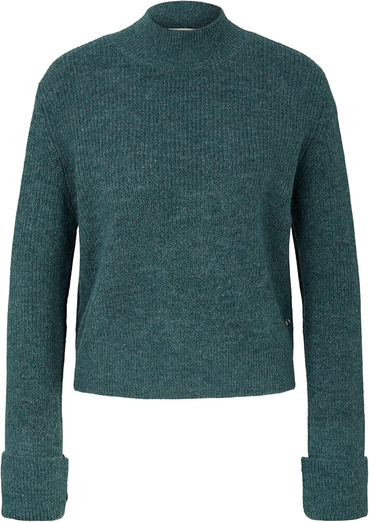 TOM TAILOR Denim Damen Pullover mit umgeschlagenem Ärmel M 30358 - Green Dust Melange, M 30358 - Gre