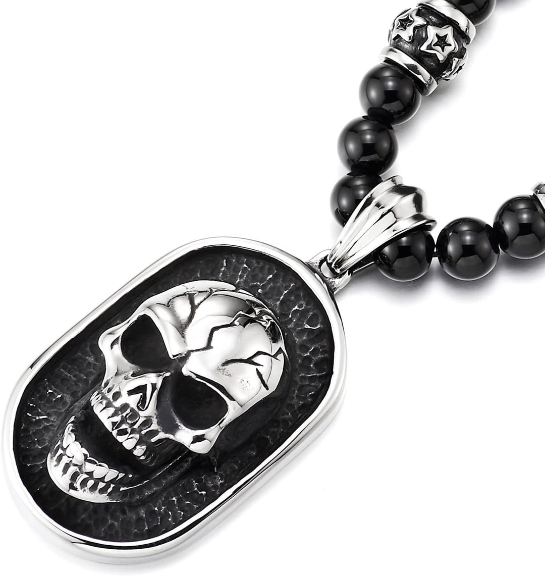 COOLSTEELANDBEYOND Gothic-Stil Herren Schwarze Onyx-Perlen Halskette, Edelstahl Geschwärzte Dog Tag