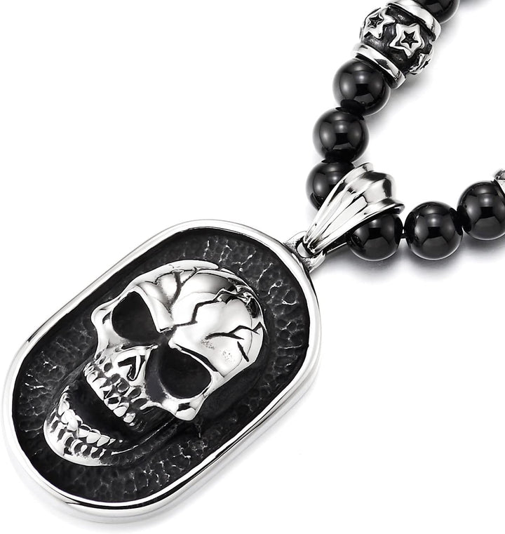 COOLSTEELANDBEYOND Gothic-Stil Herren Schwarze Onyx-Perlen Halskette, Edelstahl Geschwärzte Dog Tag