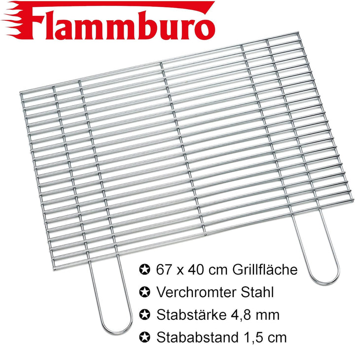 FLAMMBURO | Grillrost eckig 67 x 40 cm | Verchromter Stahl mit 4,8 mm Stabstärke | Stabiler Grillauf