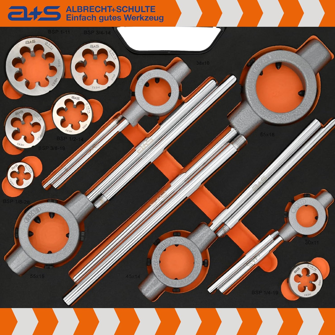 a+s HSS BSP G Rohrgewindeschneider Set | 1/8-1'', 27-tlg. | Gewindeschneider Set Zoll | Whitworth Ro