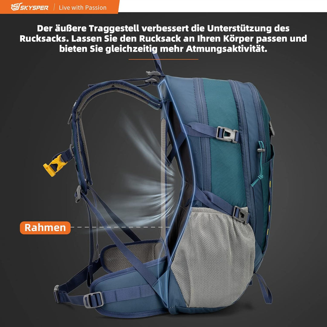 SKYSPER Wanderrucksack 30L Trekkingrucksack Wasserfest mit Rückenbelüftung und Netzrücken Tagesausfl