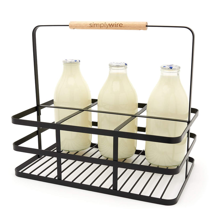 simplywire – Retro-6er-Milchflaschenhalter – Weinflaschenträger – Schwarzer Flachdraht