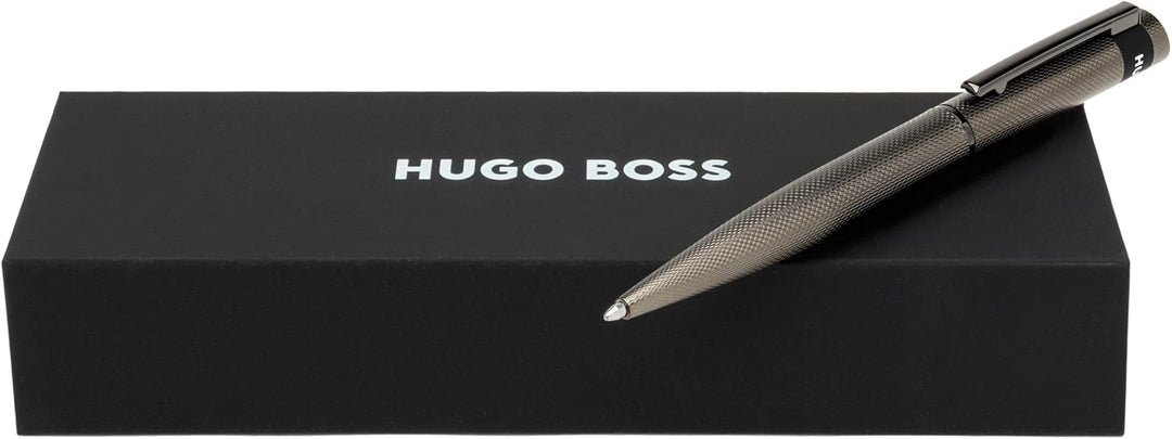 Hugo Boss Loop Diamond Kugelschreiber aus Messing in der Farbe Gun, Länge: 14,6cm, Minenfarbe: Blau,