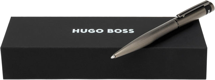 Hugo Boss Loop Diamond Kugelschreiber aus Messing in der Farbe Gun, Länge: 14,6cm, Minenfarbe: Blau,