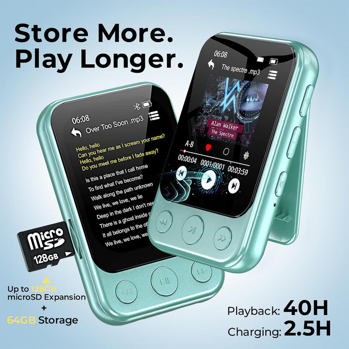 64GB MP3 Player Bluetooth 5.3 mit Clip, Touchscreen &amp; Tasten, Lautsprecher