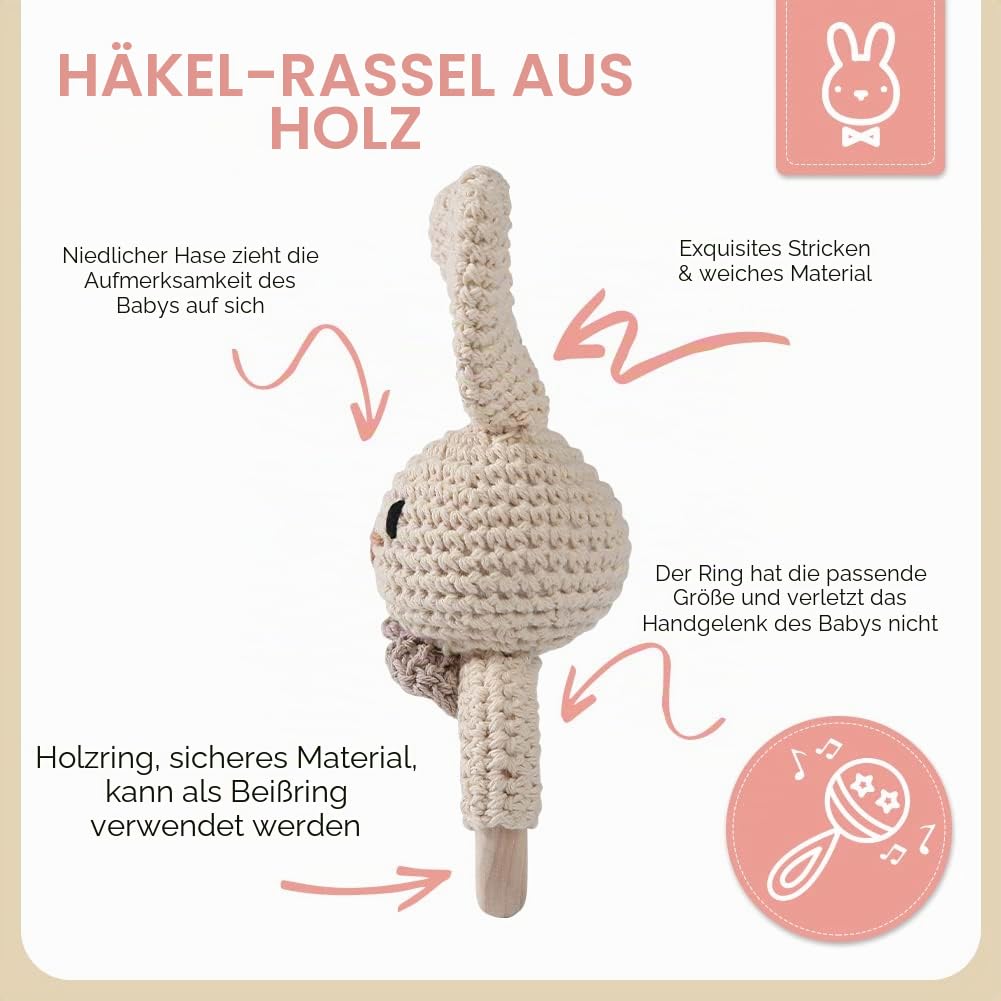 Youuys Babyrassel Gehäkelte Holz Häkeln Tiere Greifling Baby Holz Rassel Baby mit Sound Handmade Ras