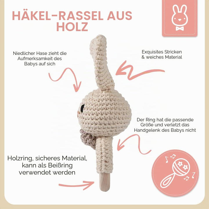 Youuys Babyrassel Gehäkelte Holz Häkeln Tiere Greifling Baby Holz Rassel Baby mit Sound Handmade Ras