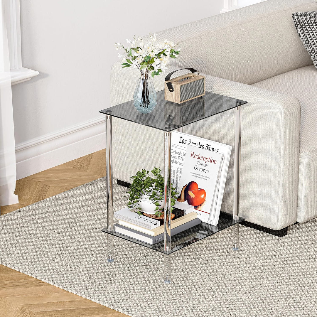 Beistelltisch Glas Eckig Nachttisch Transparent Glastisch Mobiler Couchtisch 2 Ablagen Glasregal Woh
