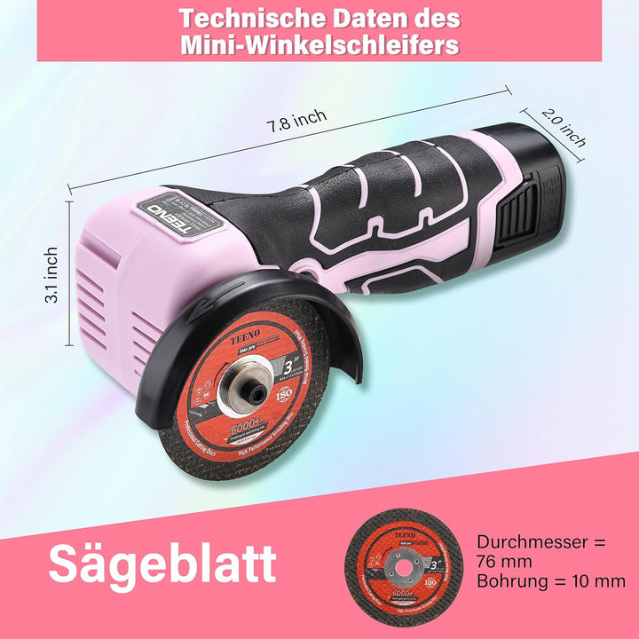 TEENO Mini Winkelschleifer Rosa 76 mm, Akku Winkelschleifer Kabellos 19.500 U/min mit 2 Akkus 2000 m