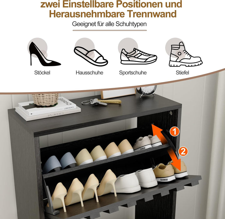 UEV Schuhschrank mit 2 Klappen Holz Schmal Schuhkipper Schuhkommode mit Kippschutz, Schuhaufbewahrun