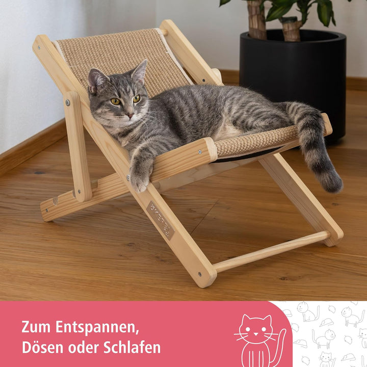 Kerbl Pet Katzenliegestuhl Beach, Katzenliegebett, Holz, Sisal, Liegefläche 52 x 26 cm, im Strandstu