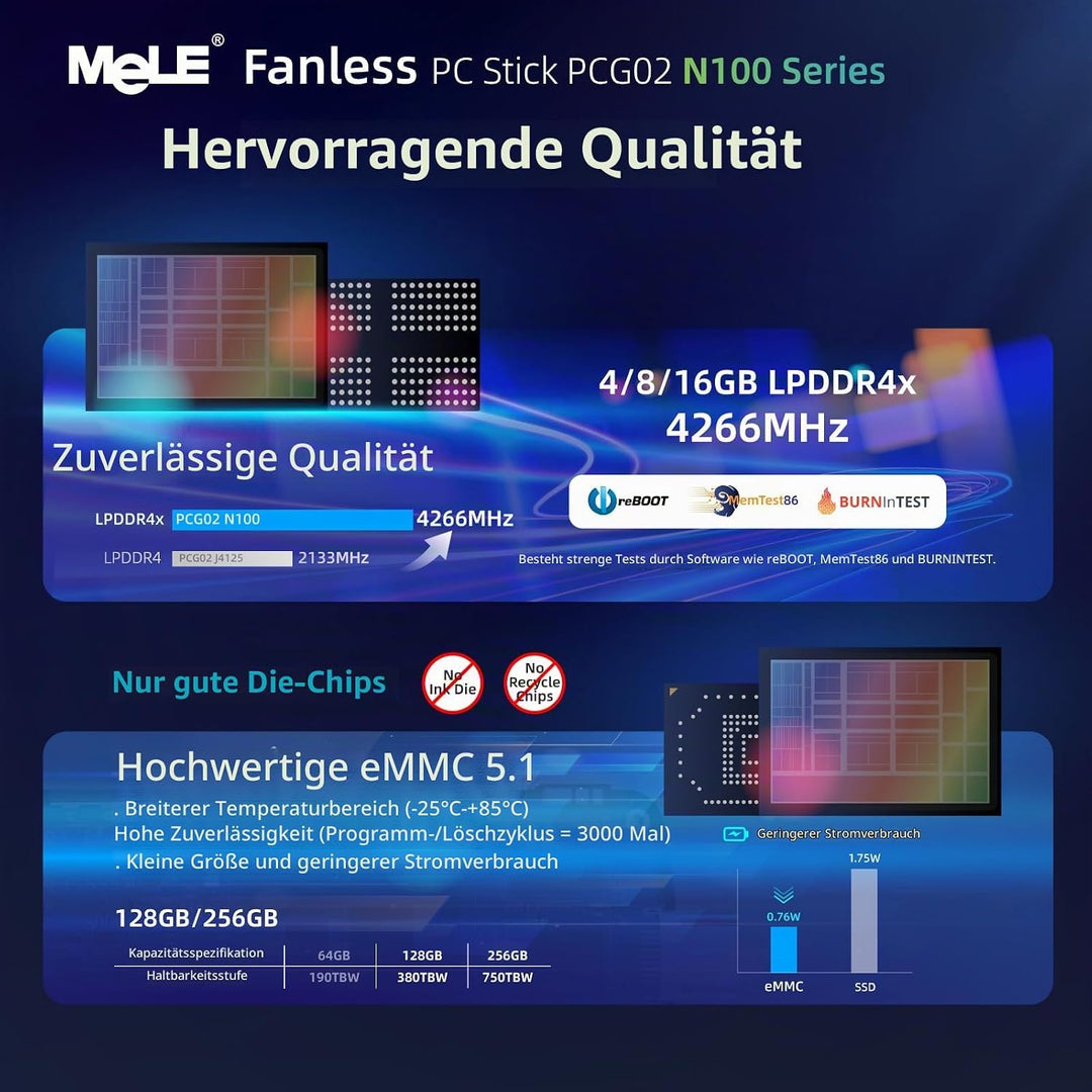 MeLE PCG02 Lüfterloser Mini PC Stick Alder Lake N100(bis zu 3.4GHz) 8GB LPDDR4 128GB ROM Mikro-Deskt