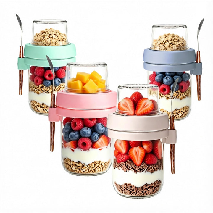 Müslibecher To Go 4er Set, 480ml+120ml Overnight Oats Gläser, Joghurtbecher To Go mit Löffel, Meal P
