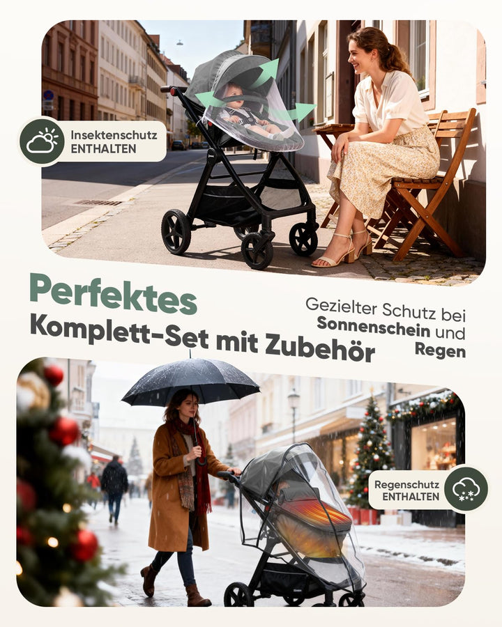Sekey Kombi Kinderwagen Baby 3 in 1 Komplettset mit Regenschutz und Moskitonetz, Kinderwagen mit Lie