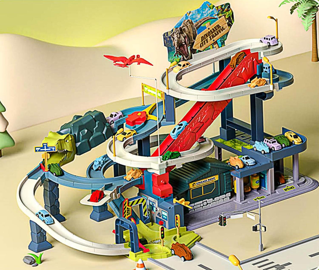 Dinosaurier Spielzeug Rennstrecken Spielset mit 7 Ebenen 8 Autos, Autorennbahn Parkhaus Garage City