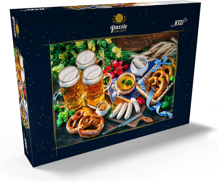 Oktoberfest-Menü, Bayerische Würstchen mit Brezeln, süssem Senf und Bierkrügen - Premium 1000 Teile