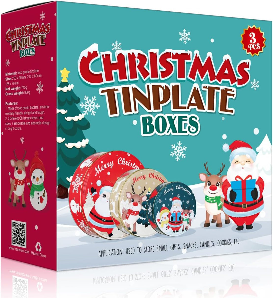 HEMOTON Weihnachtskeksdosen Set aus Metall, Rund Keksdosen mit Deckel für Weihnachten, Plätzchendose