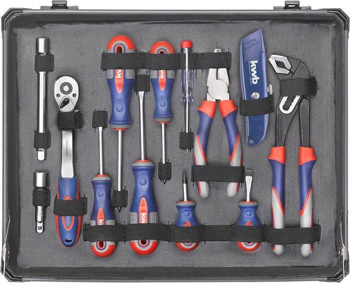 kwb Werkzeugkoffer aus robustem Aluminium inkl. 51-tlg. hochwertigem Werkzeug-Set als perfekte Grund