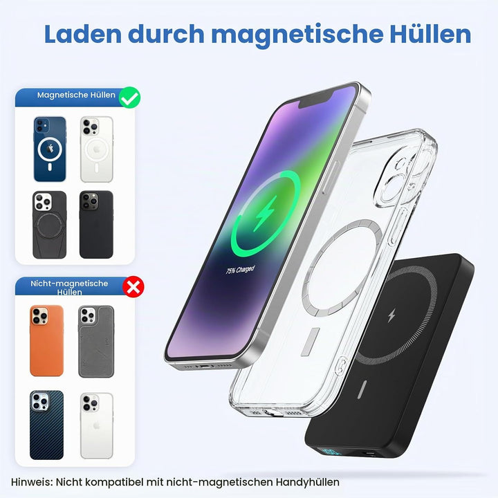 Magnetische Powerbank 10800mAh, PD 20W Schnellladung Wireless Power Bank mit USB-C Eingänge & Ausgan