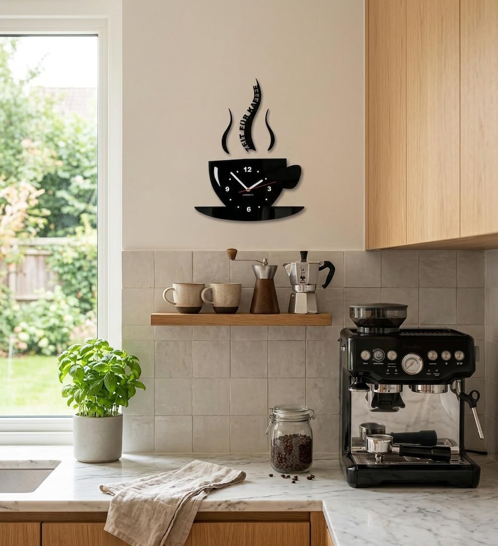 FLEXISTYLE Tasse Zeit für Kaffee Moderne Küche Wanduhr, 3D römisch, wanduhr deko (schwarz), Schwarz