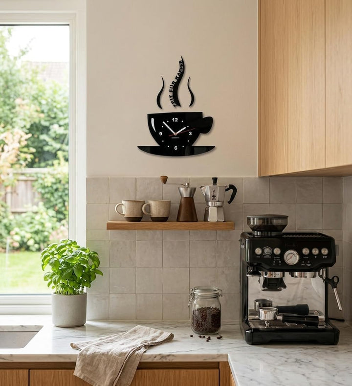 FLEXISTYLE Tasse Zeit für Kaffee Moderne Küche Wanduhr, 3D römisch, wanduhr deko (schwarz), Schwarz