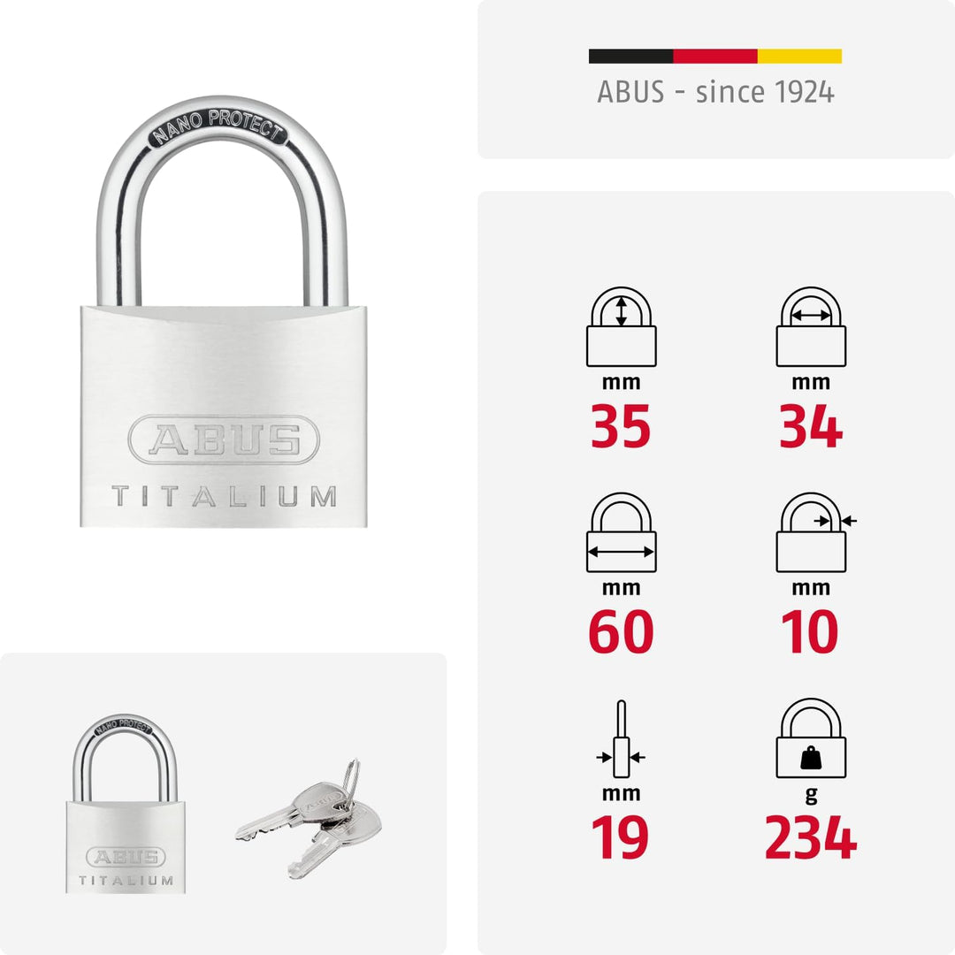 ABUS Vorhängeschloss Titalium 64TI/60 - Kellerschloss mit Schlosskörper aus Spezial-Aluminium - gehä