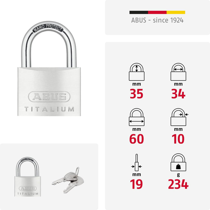 ABUS Vorhängeschloss Titalium 64TI/60 - Kellerschloss mit Schlosskörper aus Spezial-Aluminium - gehä