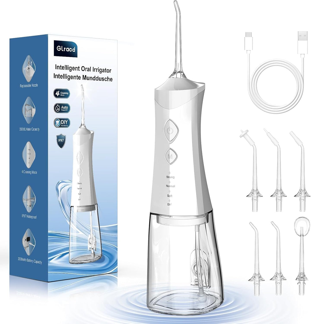 Glracd Munddusche Testsieger Elektrischer,Water Flosser Kabellos Weiss | 350ml Wassertank ,4 Modi Mi