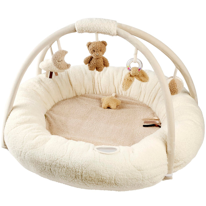 Nattou Runde Krabbeldecke mit Spielbogen, Ca. 90 cm, 100% Polyester, Teddy, Ecru