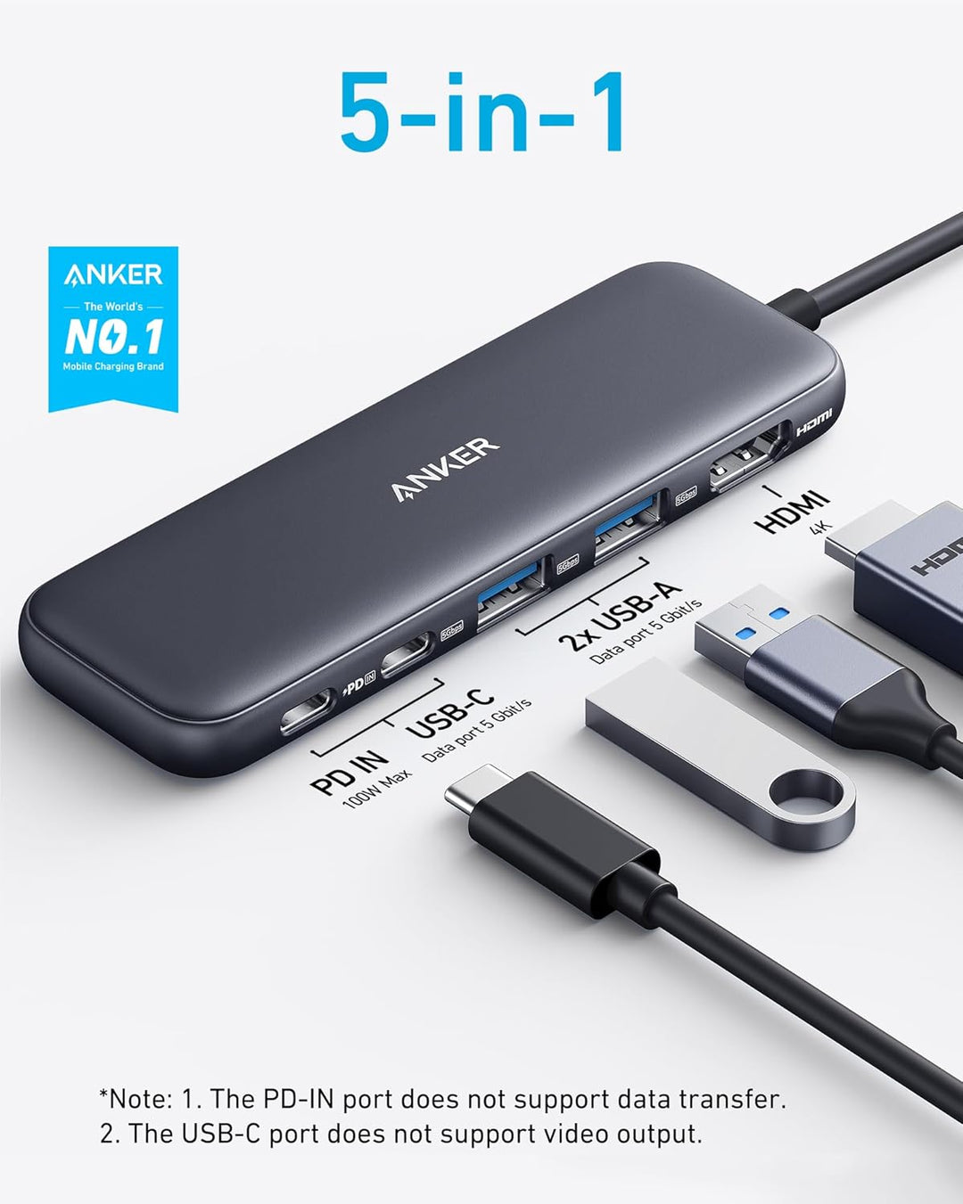 Anker USB C Hub, 332 USB-C Hub (5-in-1) mit 4K HDMI Display, 5Gbps Datenanschluss und 2 USB-A Ports